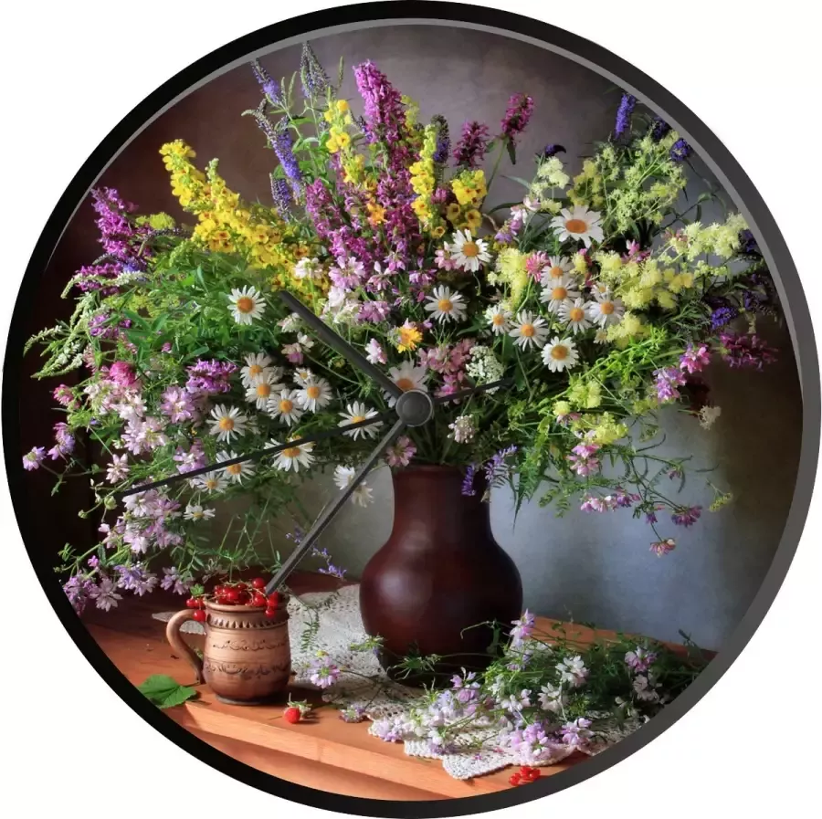 SoManyClocks Klok Ø 30 cm Bloemen Tafel Stilleven Boeket Vaas Zwart Wandklok