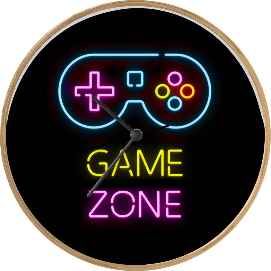 SoManyClocks Klok Ø 30 cm Controller Game Neon Zwart Quotes Game zone Houtkleurig Wandklok Lamp voor op nachtkastje