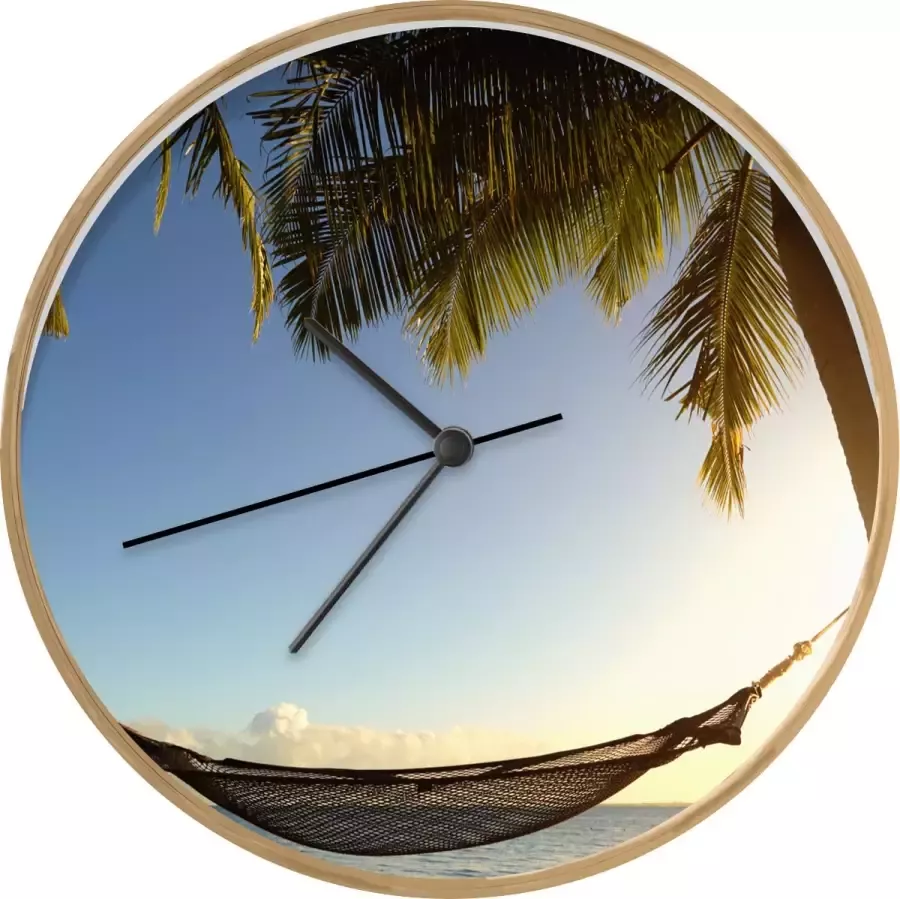SoManyClocks Klok Ø 30 cm Palmbomen Hangmat Lucht Houtkleurig Wandklok