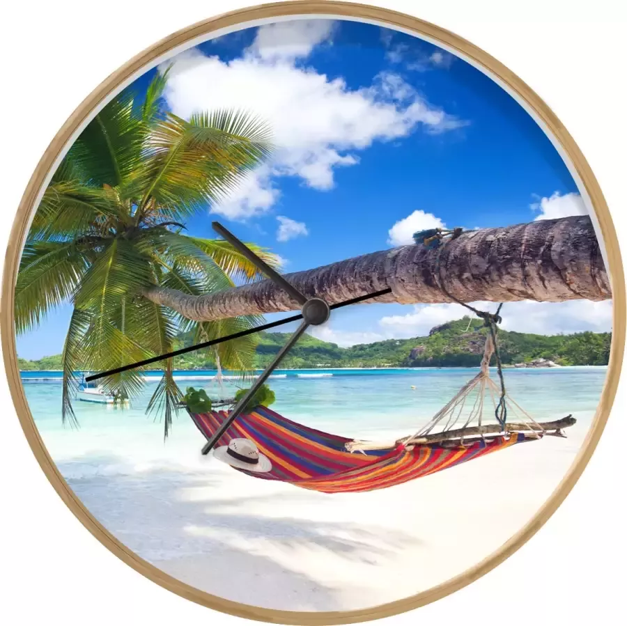SoManyClocks Klok Ø 30 cm Strand Hangmat Zee Palmboom Houtkleurig Wandklok