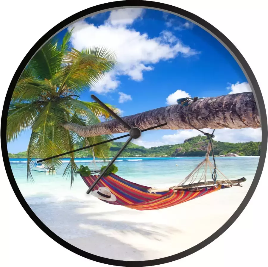 SoManyClocks Klok Ø 30 cm Strand Hangmat Zee Palmboom Zwart Wandklok