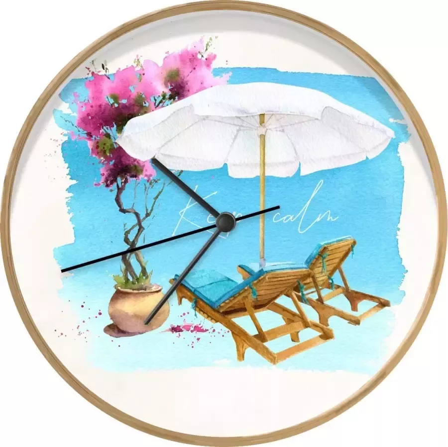 SoManyClocks Klok Ø 30 cm Strandstoel Parasol Bloemen Tekening Houtkleurig Wandklok