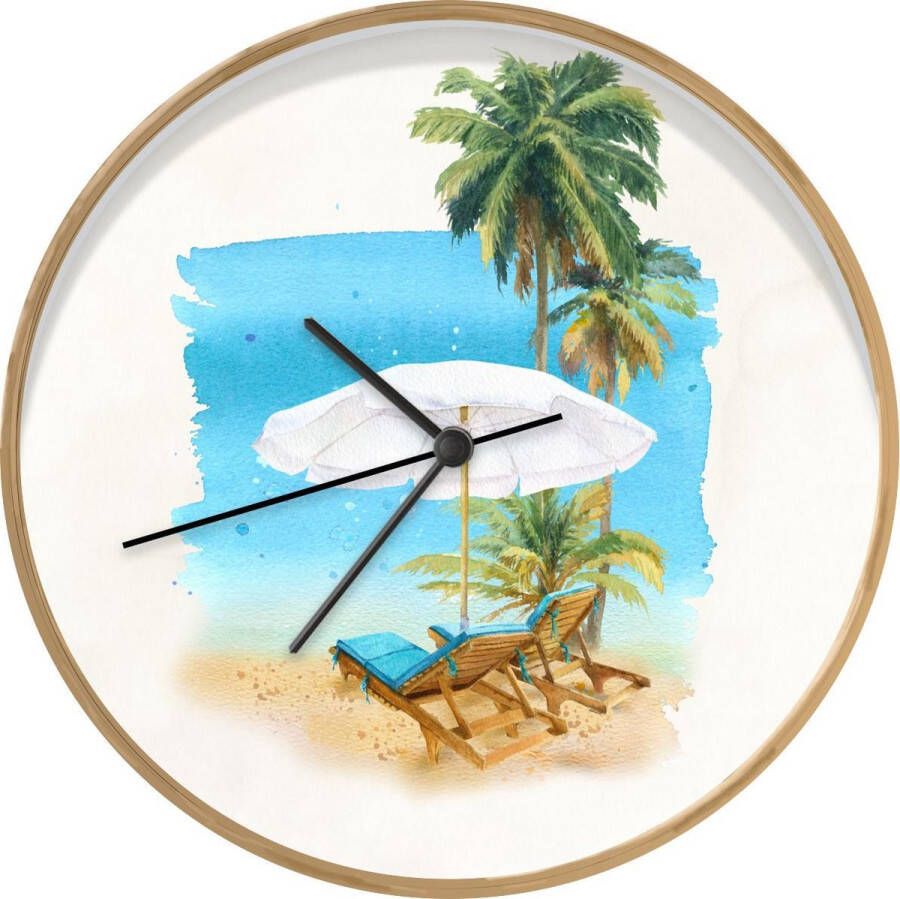 SoManyClocks Klok Ø 30 cm Strandstoel Parasol Palmboom Houtkleurig Wandklok