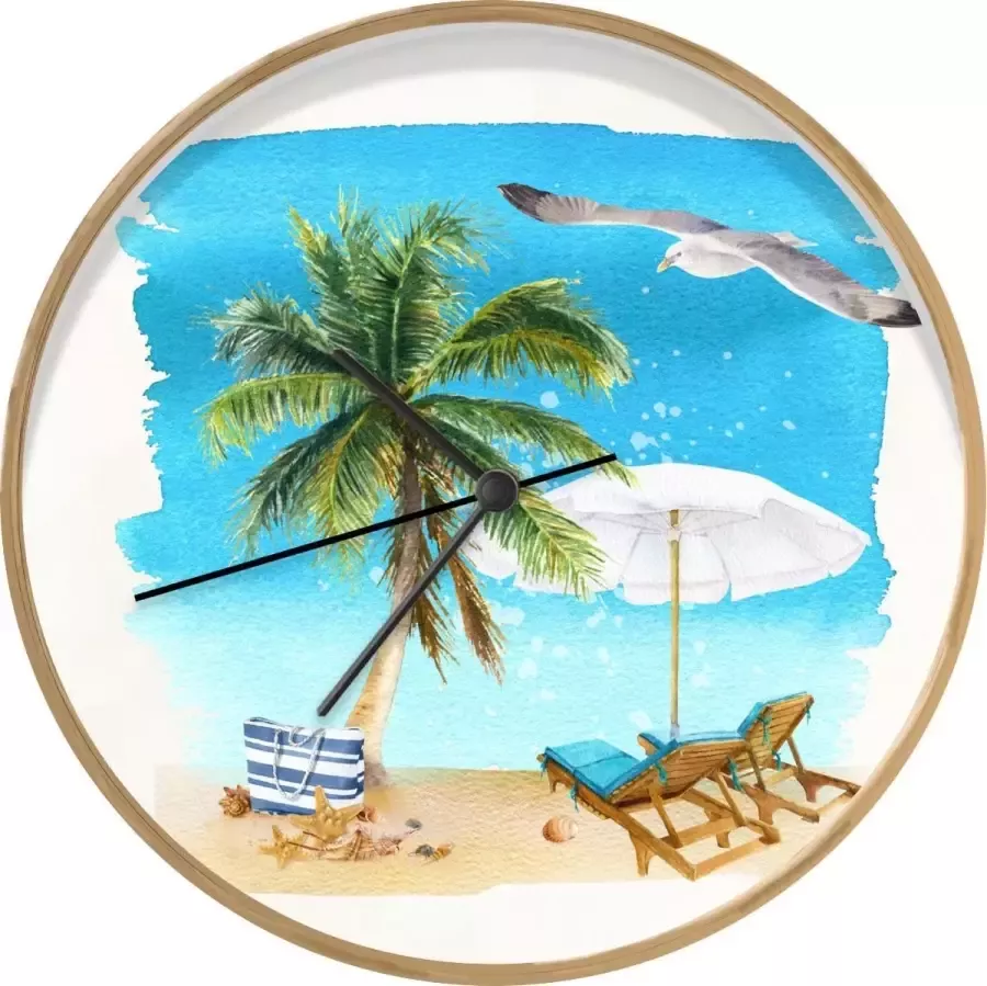 SoManyClocks Klok Ø 30 cm Strandstoel Parasol Palmboom Houtkleurig Wandklok - Foto 2