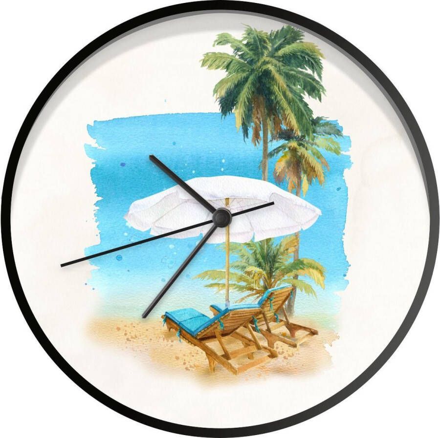 SoManyClocks Klok Ø 30 cm Strandstoel Parasol Palmboom Zwart Wandklok
