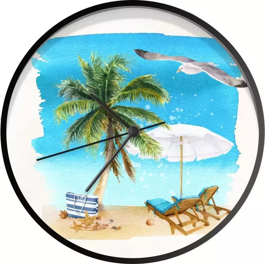 SoManyClocks Klok Ø 30 cm Strandstoel Parasol Palmboom Zwart Wandklok - Foto 2