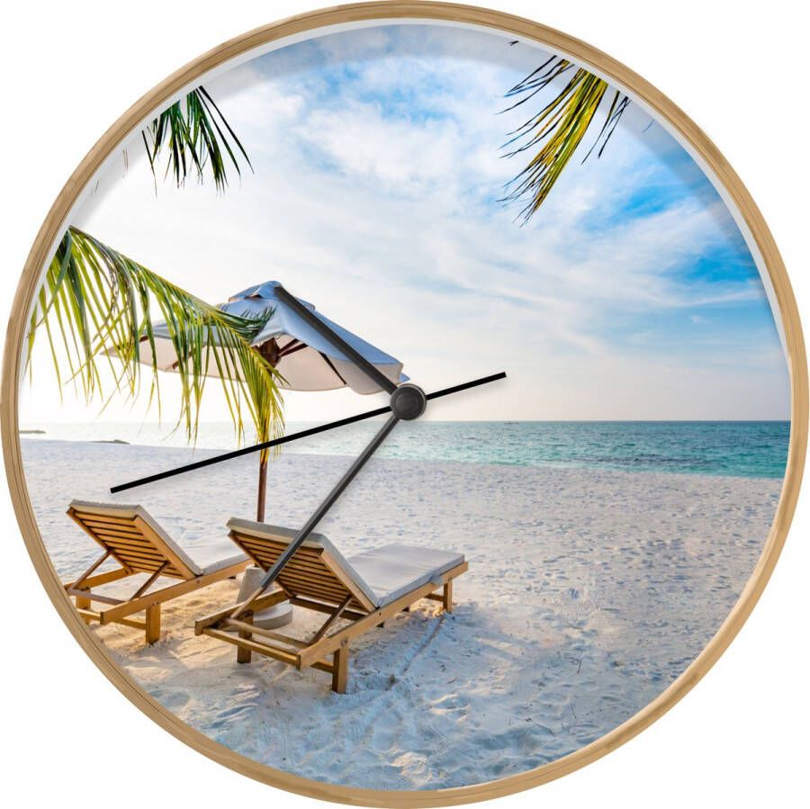 SoManyClocks Klok Ø 30 cm Strandstoel Parasol Zonsondergang Houtkleurig Wandklok