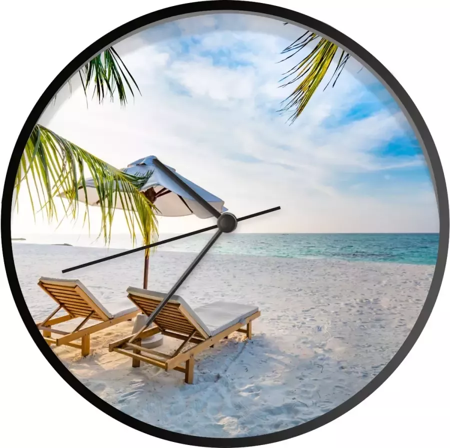 SoManyClocks Klok Ø 30 cm Strandstoel Parasol Zonsondergang Zwart Wandklok