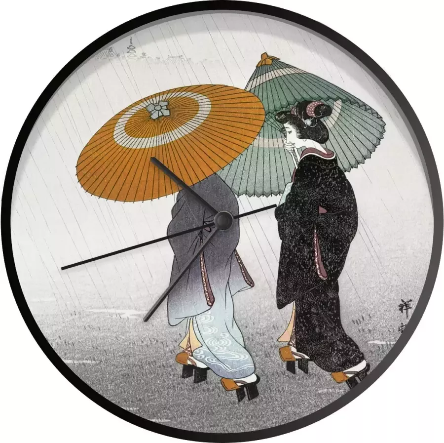 SoManyClocks Klok Ø 30 cm Vrouwen Parasol Kimono Japandi Vintage Zwart Wandklok