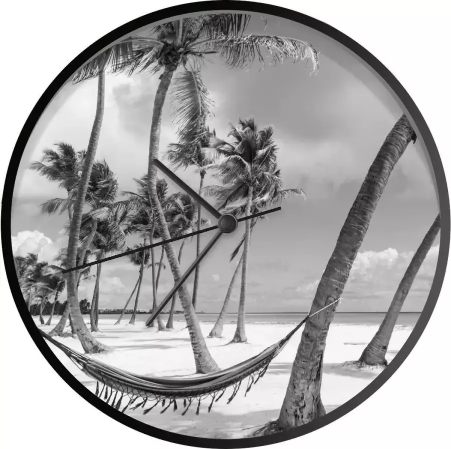 SoManyClocks Klok Dominicaanse Republiek Ø 30 cm Hangmat op strand van Dominicaanse Republiek zwart-wit Modern Zwarte wandklok met foto