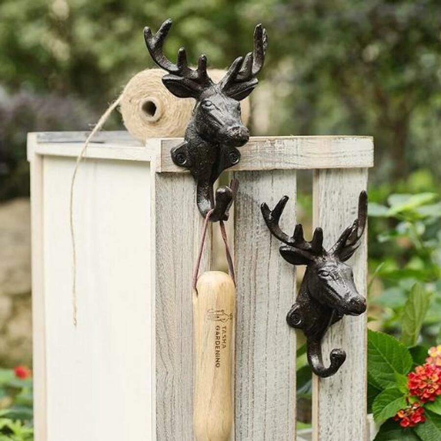 Sommerfield Set van 2 gietijzeren wandhaken hert roestbruin 11cm x 16cm – wandhaak in de vorm van een hertenkop – metalen kapstok – landelijk vintage jachthuis design
