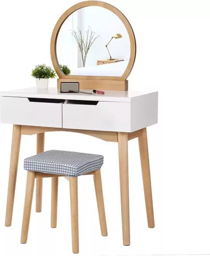 A.T. Shop kaptafel moderne cosmetische tafel 2 groB laden met rails met ovale spiegel wasbare krukhoes wit en natuurlijk hout
