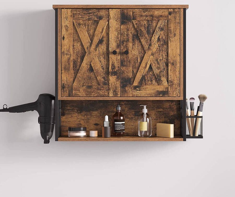Songmics VASAGLE BBK123B01 Badkamerkast Opbergkast met 2 deuren Verstelbare planken met haardrogerhouder Industrieel ontwerp Vintage Bruin Zwart