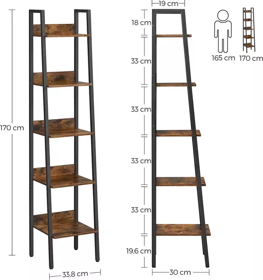boekenkast ladder plank met 5 planken open vloer plank smal voor woonkamer slaapkamer keuken kantoor metalen frame industrieel ontwerp vintage bruin-zwart LLS109B01
