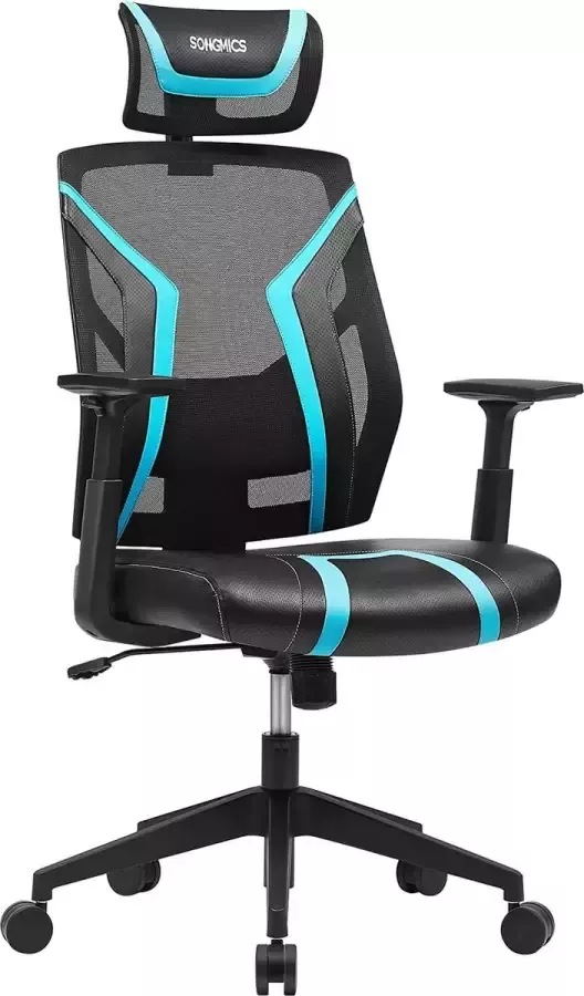 Songmics Bureaustoel ergonomische draaistoel kantelbare verstelbare hoofdsteun armleuningen en gestoffeerde lendensteun speelstoel belastbaar tot 120 kg zwart-blauw OBN059B01