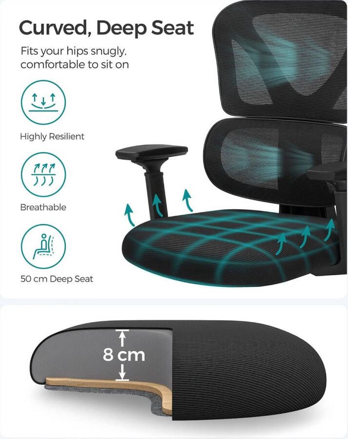 Songmics Bureaustoel Ergonomische Draaistoel met Netbespanning Verstelbare Rugleuning tot 120 kg belastbaar zwart OBN064B01