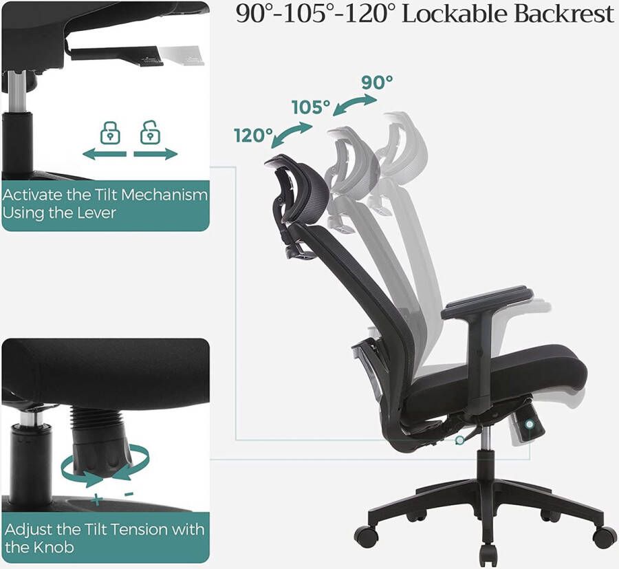 Songmics Bureaustoel met kledinghanger netbespanning verstelbare hoofdsteun verstelbare rugleuning kantelhoek tot 110° zwart OBN057B02