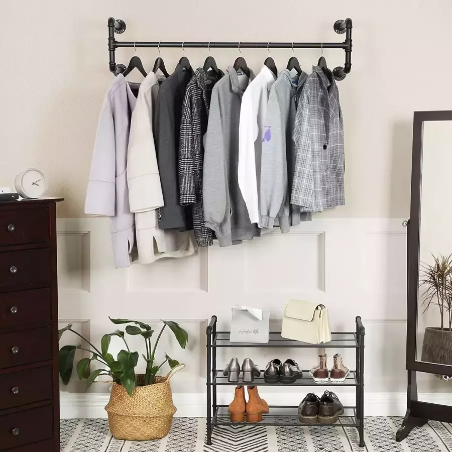 Songmics c90 Kledingroede voor aan de wand kapstok in industrieel design wandmontage ruimtebesparend 110 x 30 x 29 3 cm belastbaar tot 60 kg eenvoudige montage voor kleine ruimtes zwart HMHSR64BK
