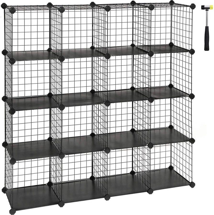 Songmics Functionele Open kunststof Vakkenkast met 16 Vakken Modulaire Opbergkast Roomdivider Opbergrek Blokkenkast Schoenenkast Kubus Kast Muurkast Opbergkast Wandmeubel Opbergmeubel Met 16 Vakken Afm. 123 x 31 x 23 cm ZWART