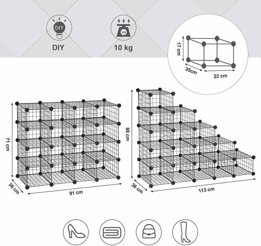 Songmics Functionele Open Metalen Schoenenrek met 16 Vakken Modulaire Opbergkast Opbergrek Blokkenkast Schoenenkast Kubus Kast Muurkast Opbergkast Wandmeubel Opbergmeubel Met 16 Vakken Afm. 91 x 36 x 71 cm ZWART