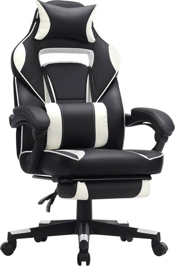 Songmics Gaming chair bureaustoel met voetsteun bureaustoel met hoofdsteun en lendenkussen in hoogte verstelbaar ergonomisch 90-135° kantelhoek tot 150 kg draagvermogen zwart-wit