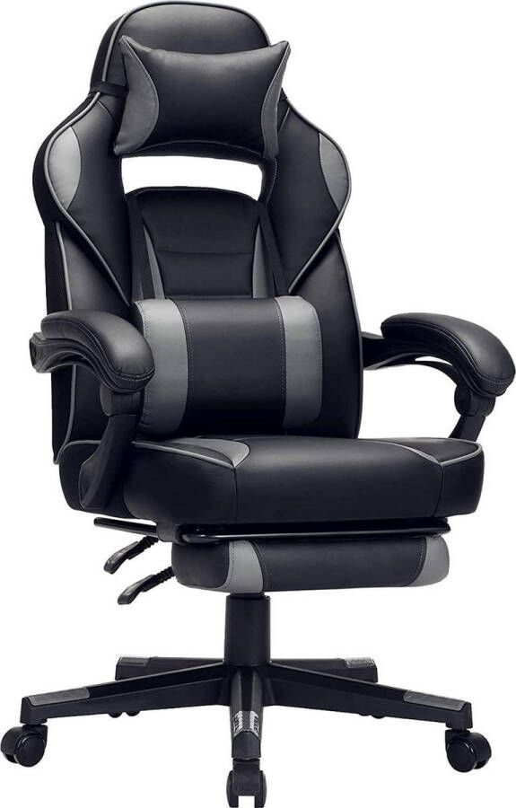 Songmics Gaming chair bureaustoel met voetsteun bureaustoel met hoofdsteun en lendenkussen in hoogte verstelbaar ergonomisch 90-135° kantelhoek tot 150 kg draagvermogen zwart-grijs
