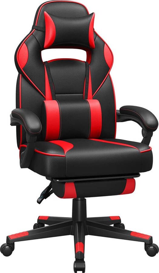 Songmics Gaming chair bureaustoel met voetsteun bureaustoel met hoofdsteun en lendenkussen in hoogte verstelbaar ergonomisch 90-135° kantelhoek tot 150 kg draagvermogen zwart-rood