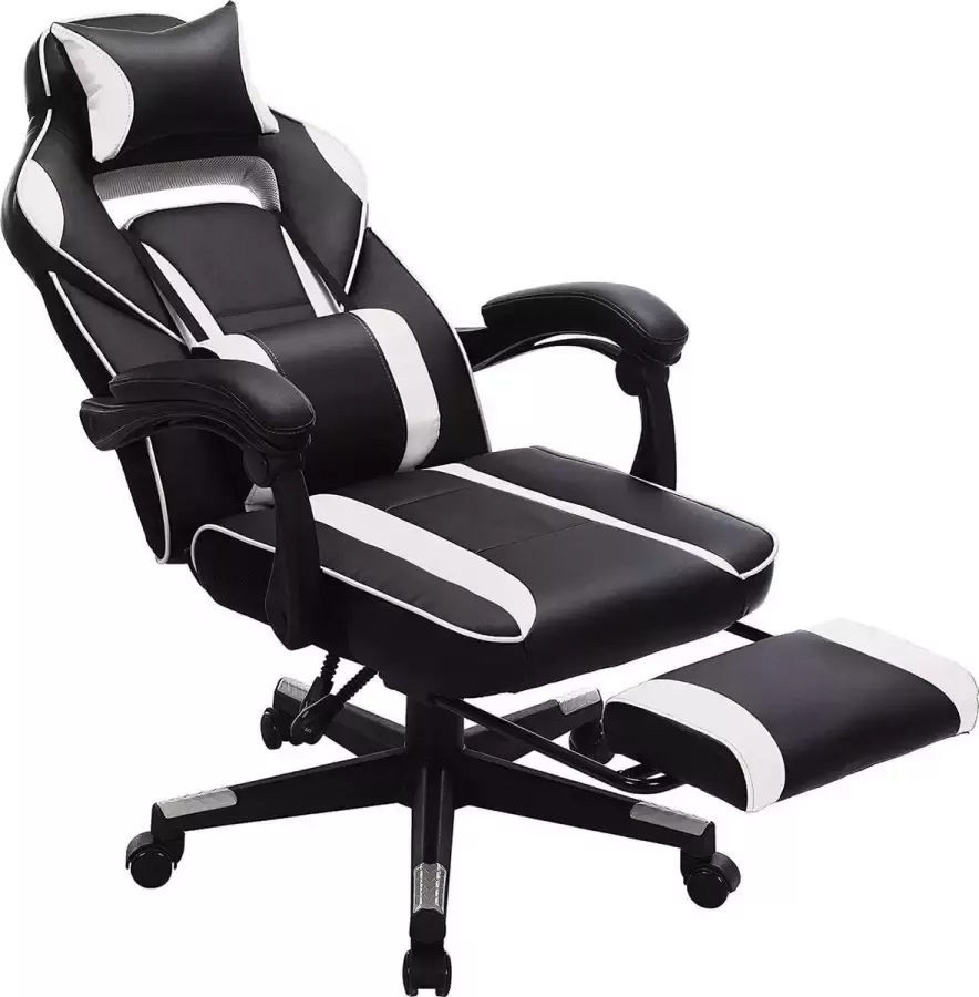 Songmics Gaming chair bureaustoel met voetsteun bureaustoel met hoofdsteun en lendenkussen in hoogte verstelbaar ergonomisch 90-135° kantelhoek tot 150 kg draagvermogen zwart-grijs OBG073B03