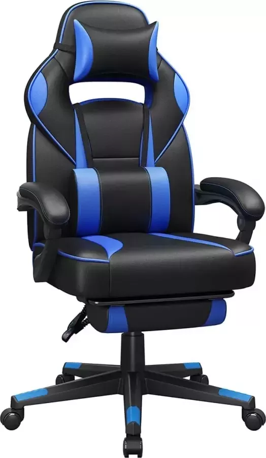 ZAZA Home SONGMICS Gamingstoel bureaustoel met voetensteun bureaustoel met hoofdsteun en lendenkussen in hoogte verstelbaar ergonomisch 90-135 graden hellingshoek tot 150 kg belastbaar zwart-blauw OBG073B04