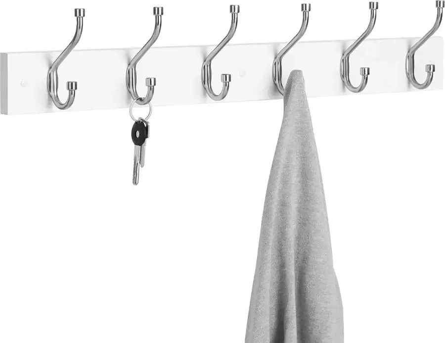 ZAZA Home SONGMICS Haaklijst kledinghaken garderobehaken wandgarderobe met 6 metalen haken voor woonkamer badkamer keuken hal slaapkamer wit-zilver LHR026E01