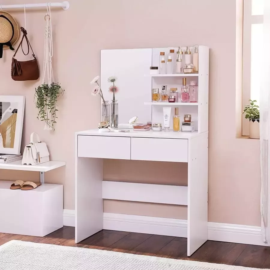 Kaptafel met spiegel moderne kaptafel met 2 lades en open planken rechthoekige toilettafel kaptafel voor make-up slaapkamer wit RDT116W01