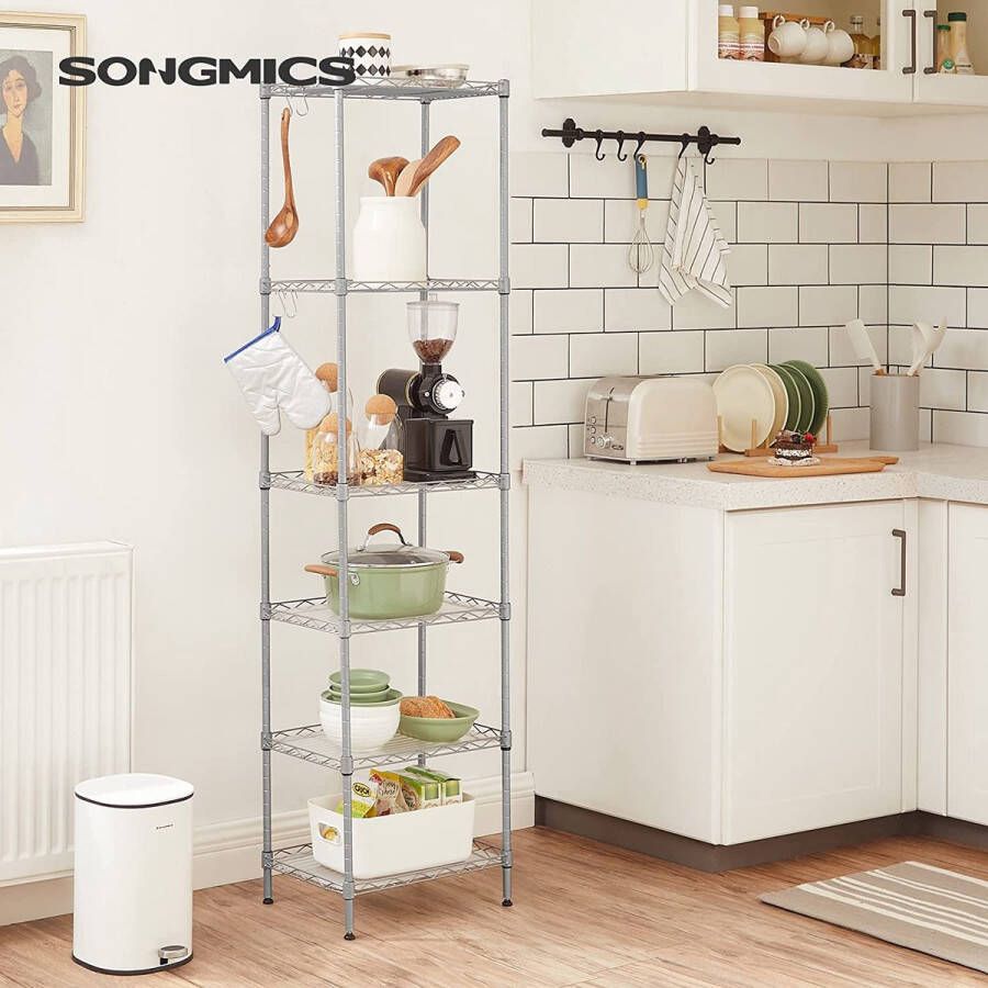 Songmics keukenplank met 6 niveaus metalen plank staande plank in hoogte verstelbare roosterplank met PP plastic platen 8 S-haken voor keuken woonkamer belastbaar tot 120 kg zilver LGR116E01