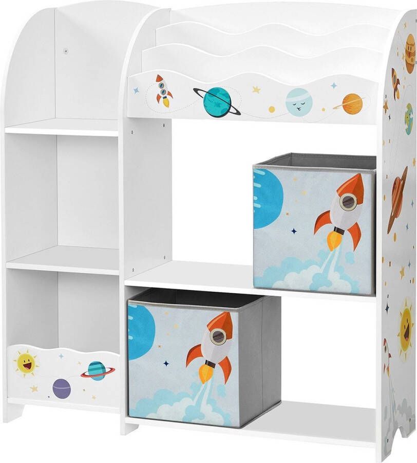 Songmics Kinderkamerrek speelgoedorganizer boekenkast voor kinderen multifunctionele plank met 2 opbergdozen stickers met ruimtemotieven kinderkamer slaapkamer wit