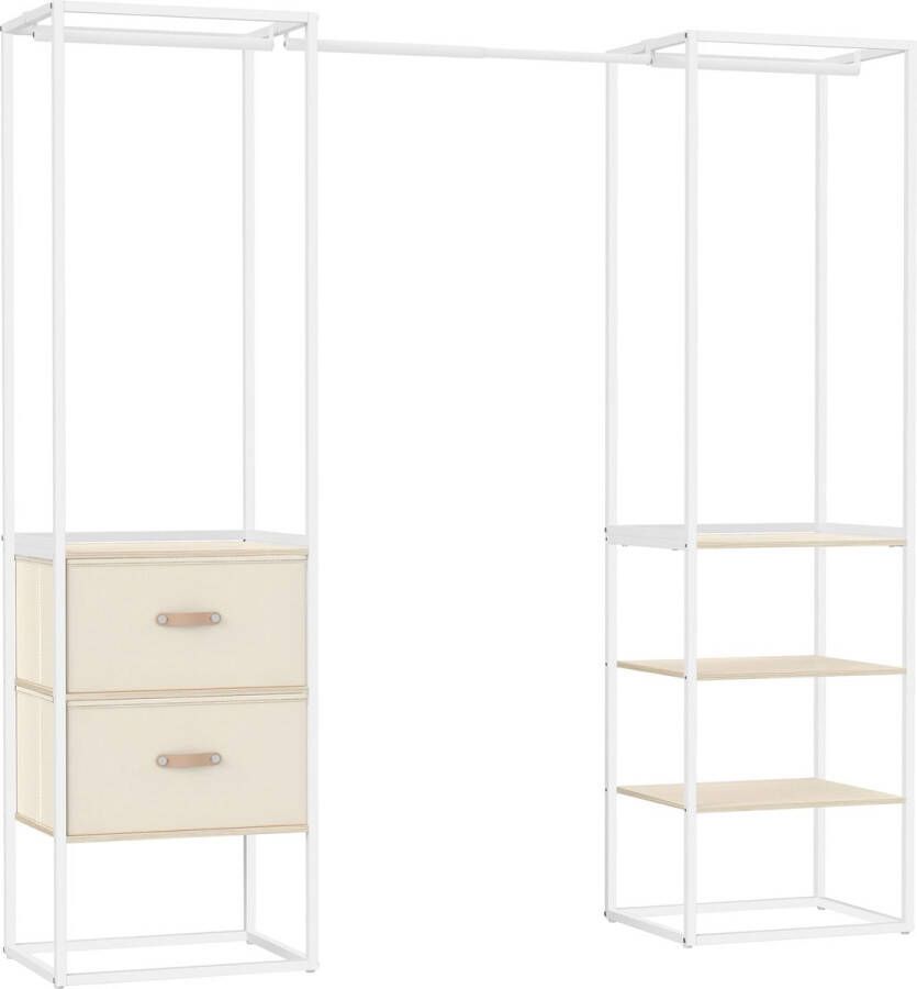 Songmics Kledingrek open kledingkast garderobestandaard zeer belastbaar 1 uittrekbare stang 2 laden 4 planken voor slaapkamer ruimtebesparend natuurlijk beige
