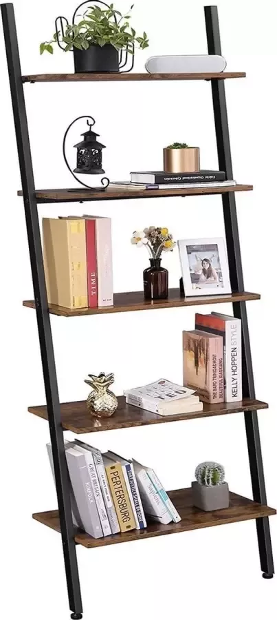 ZAZA Home Ladderplank Boekenkast Met 5 Niveaus Scheve Plank Woonkamer Keuken Kantoor İjzer Stabiel Hellend Leunend Tegen De Muur İndustrieel Design Vintage Bruinzwart Lls46Bx - Foto 2