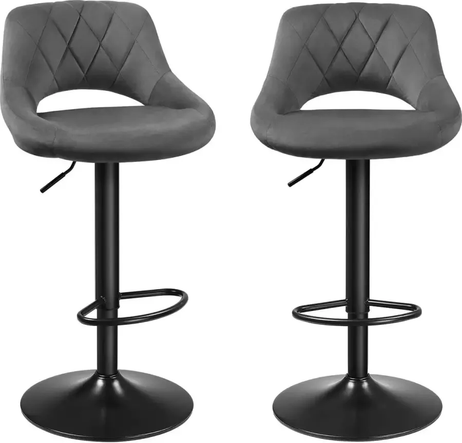 ZAZA Home Barkrukken set van 2 barstoelen keukenstoelen met een stevig metalen frame stoelen met een fluwelen bekleding voetsteun verstelbare zithoogte eenvoudige montage retro donkergrijs