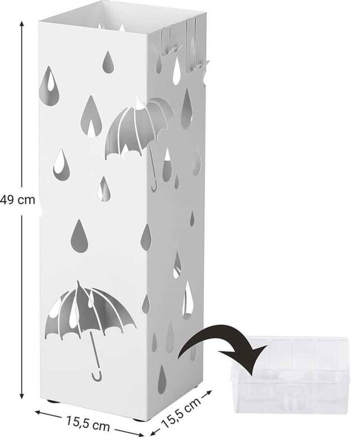 Songmics paraplubak van metaal vierkante paraplubak verwijderbare wateropvangbak met haak 15 5 x 15 5 x 49 cm wit LUC49W