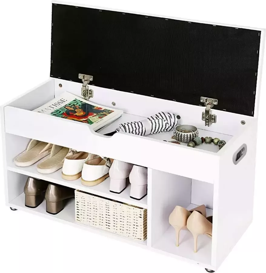 Songmics Schoenbank met zitkussen 3 vakken zitbank voor schoenenopslag met zitvlak 2 treden gangmeubels wit maximale belastbaarheid 150 kg LHS30W