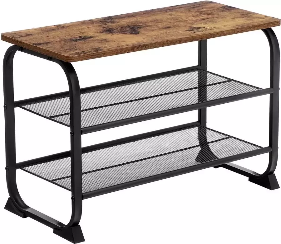 Schoenenbank Schoenenkast in industrieel design schoenenrek met 2 roosterplanken afgerond frame eenvoudige montage stabiel ruimtebesparend smal houtlook vintage LMR32BX