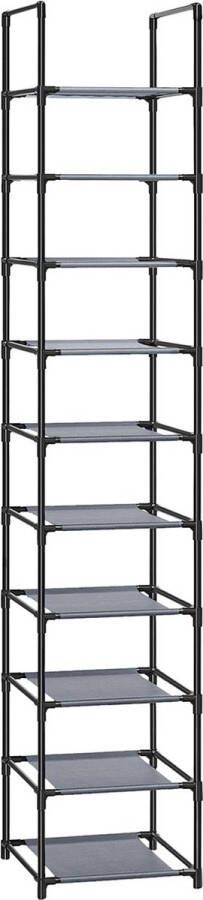 Songmics Schoenenrek met 10 niveaus open schoenenkast smal 33 x 33 x 173 cm metalen frame stoffen planken voor hal slaapkamer zwart LSR110B02