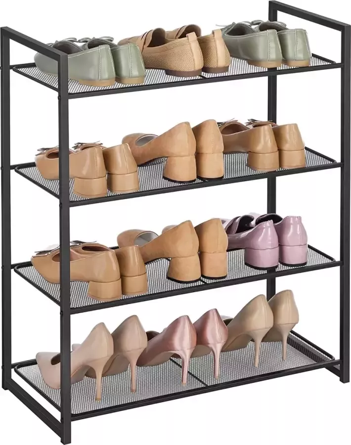 Songmics Schoenenrek met 4 schappen stapelbare schoenorganisatie voor 12-16 paar schoenen schoenopslag van metaal 63 x 30 x 72 cm (L x B x H) zwart LMR084B01