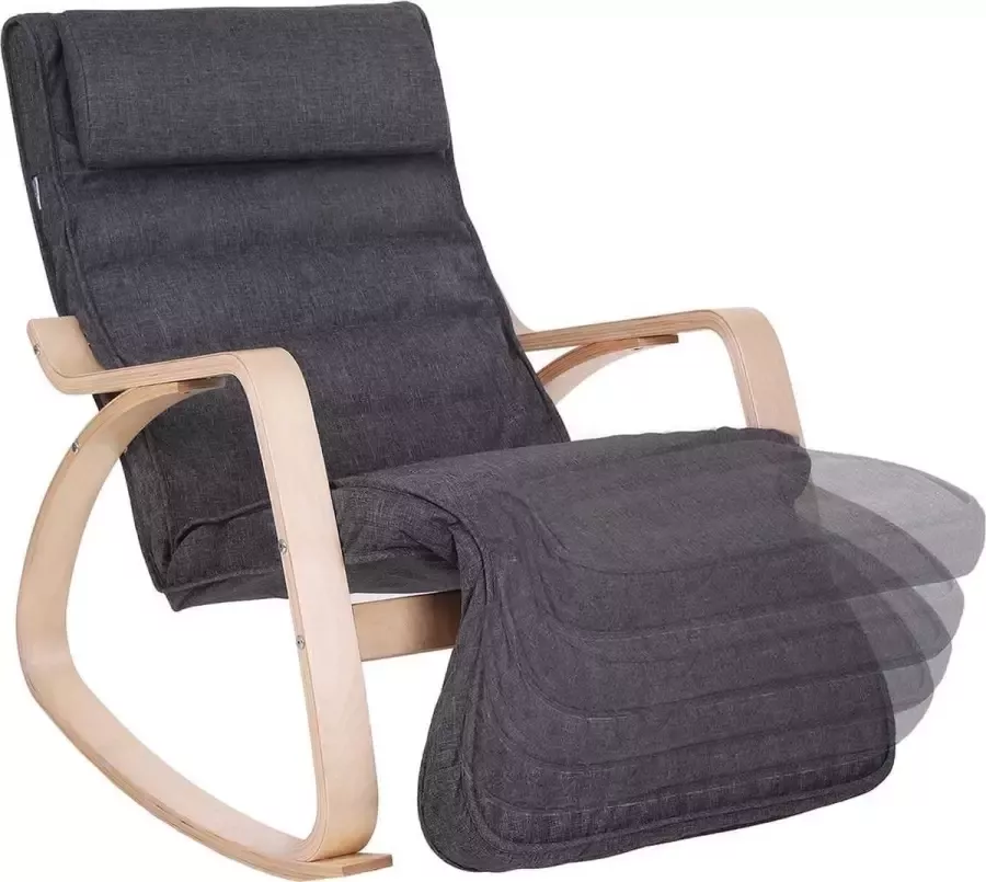 Songmics Schommelstoel met 5-voudig verstelbare voetensteun relaxstoel draagvermogen 150 kg frame van berkenhout hoes van imitatielinnen donkergrijs LYY42GYZ