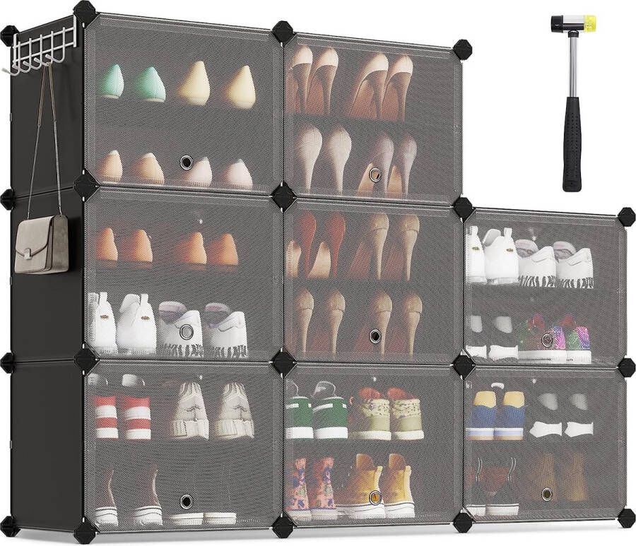 Songmics Schuhopberg met 8 vakken Schoenenkast 30 x 40 x 30 cm per vak smal met deuren Stalen frame Kunststof voor Hal Slaapkamer Entree zwart LPC034B01 - Foto 2