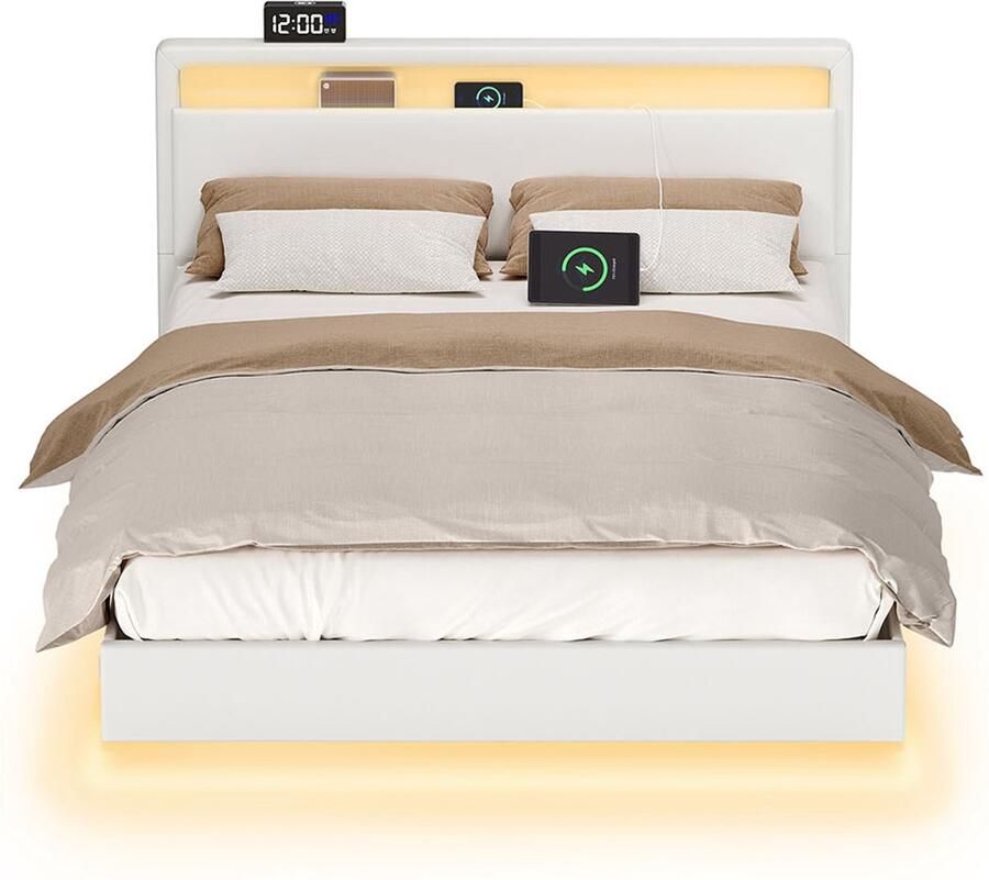 Songmics Bedframe – Met LED-Verlichting en Laadstation – 140 x 200 cm – Modern Design