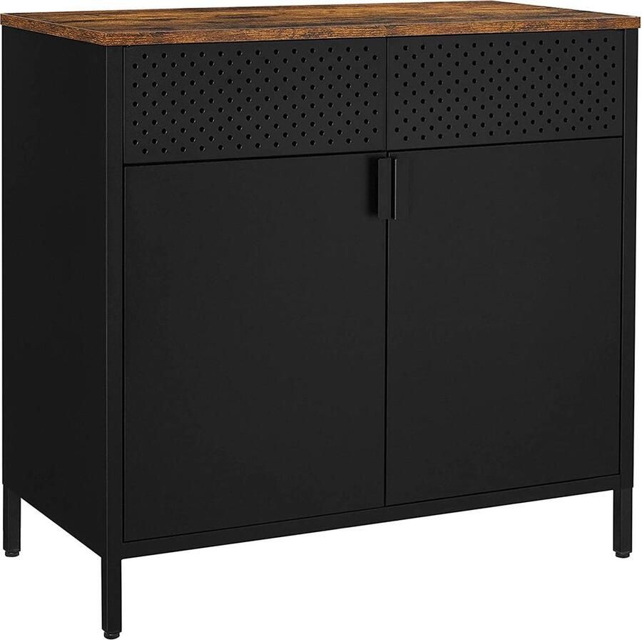 Songmics Stalen Opslagkabinet Dubbel-deurs vloerkast met magnetische sluiting verstelbare plank stalen frame industriële stijl ruimtebesparend rustiek bruin en zwart