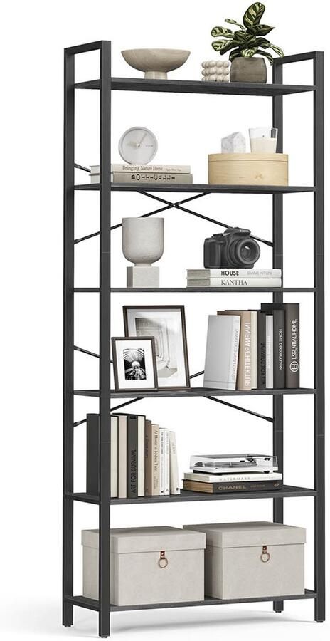 Songmics Boekenkast – Met 6 Niveaus – Industrieel Design – Ebbenhoutzwart-Inktzwart – Stevige Opberger