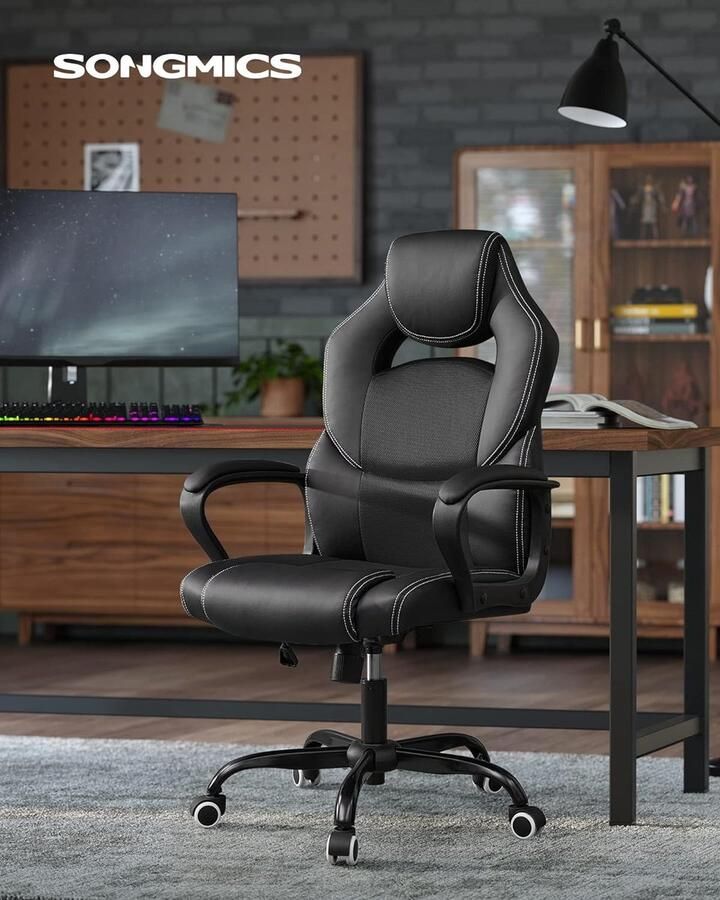 Songmics Bureaustoel ergonomische gamingstoel kantelmechanisme in hoogte verstelbaar ademende bureaustoel zwart OBG025B01