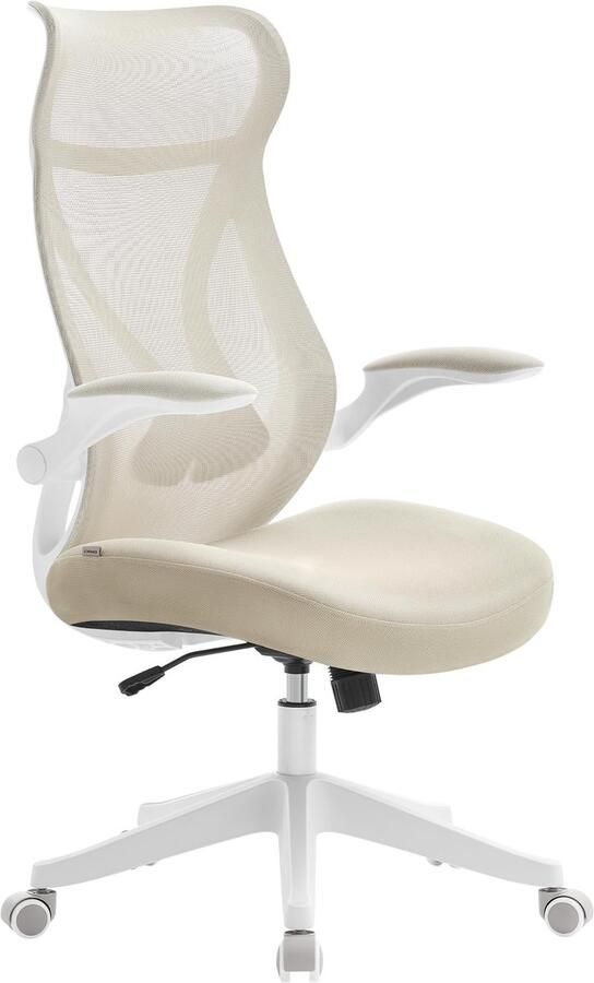 Songmics Bureaustoel ergonomische rugleuning in hoogte verstelbaar opklapbare armleuningen draaistoel met hoofdsteun tot 150 kg belastbaar cappuccinobeige