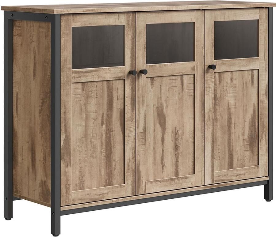 Songmics Dressoir – Met Glazen Deuren – Camelbruin-Inktzwart – Stijlvol Opbergmeubel