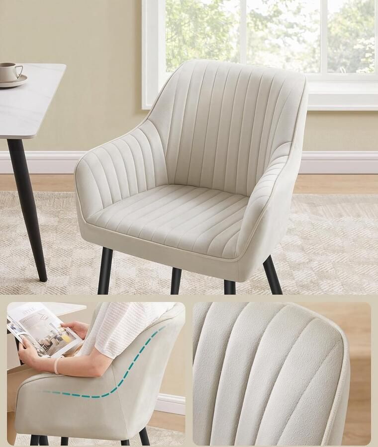 Songmics Eetkamerstoel – Fluwelen Gevoerde Stoel met Armleuningen • Max. 120 kg • Metalen Poten • Voor Eetkamer en Keuken • Cappuccino Beige en Inktzwart • Model LDC087W01